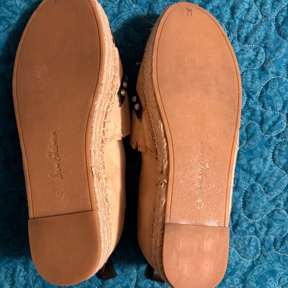Sam Edelman Celton Suede Espadrilles Black Tan Pearl Beaded Logo Loafer Sz. 10 - Picture 6 of 7